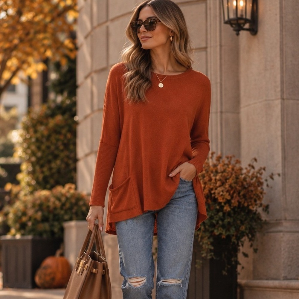 Tea N Rose Tunic Sweater Rust Orange Pocket Oversized Fall Boho Lagenlook M/L